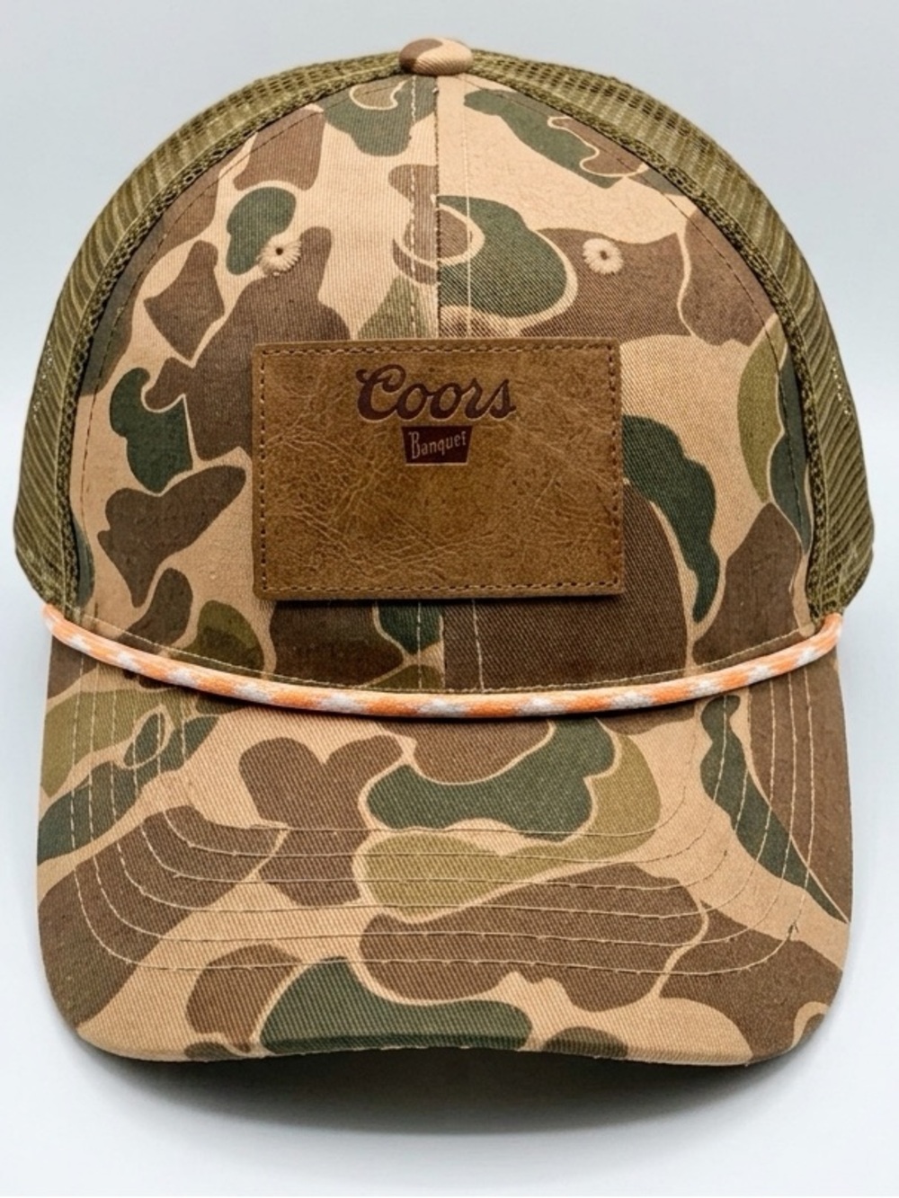 Custom Coors Banquet Duck Camo Trucker Hat Leather Patch Rope Cap One of a Kind